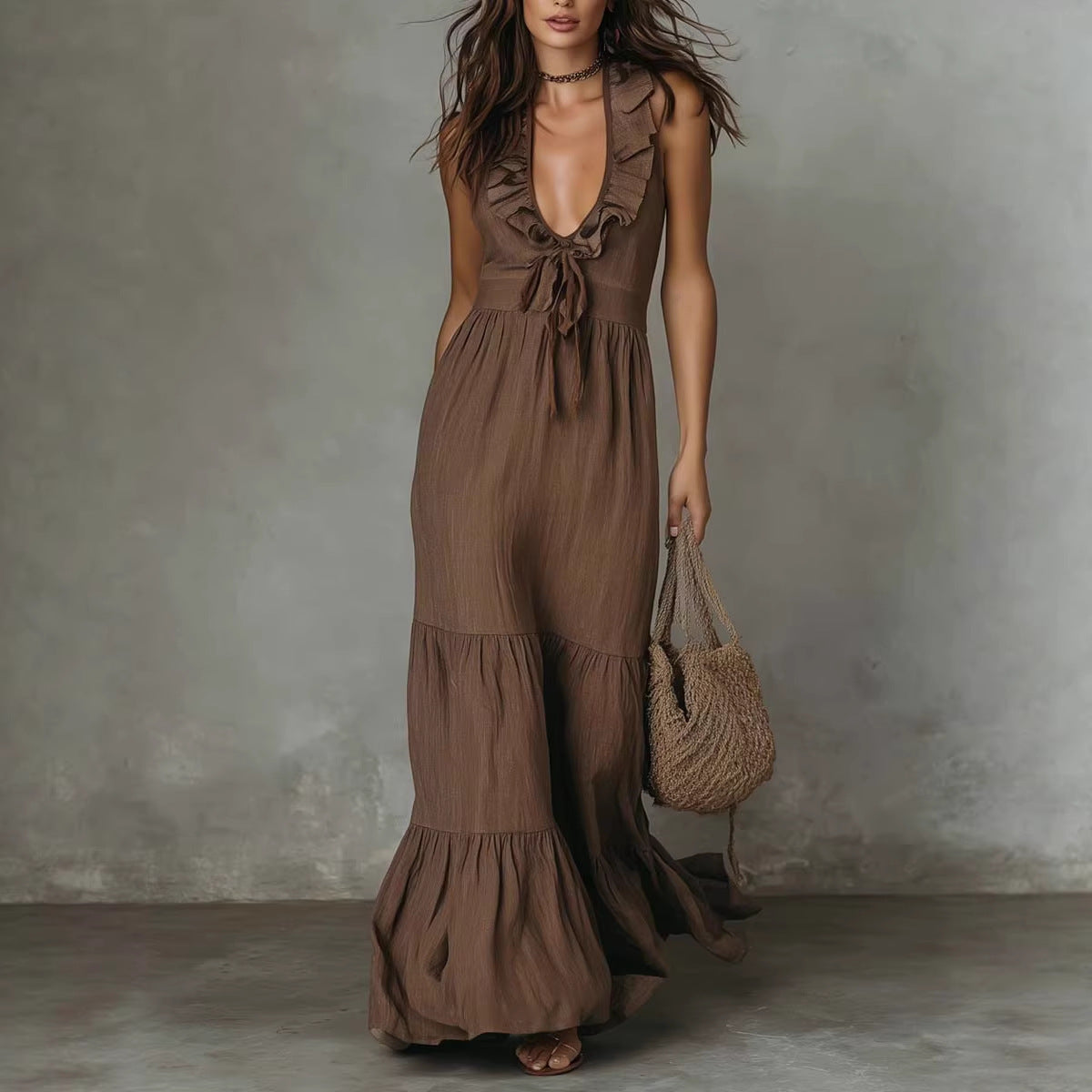 Sleeveless Cotton-Linen V-Neck Maxi Dress
