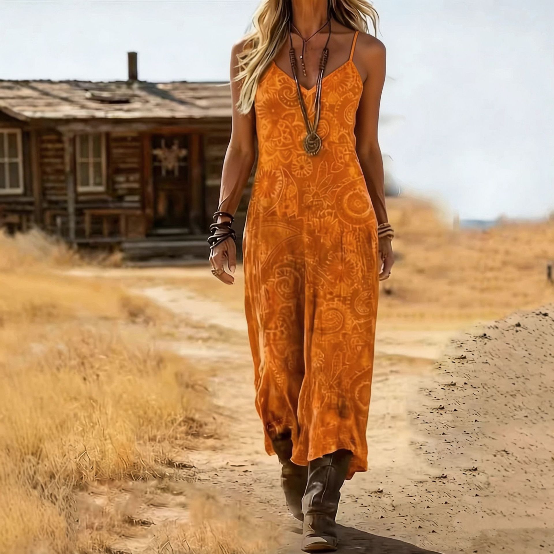 Women's Retro Bohemian Print Slip Dress – V-Neck