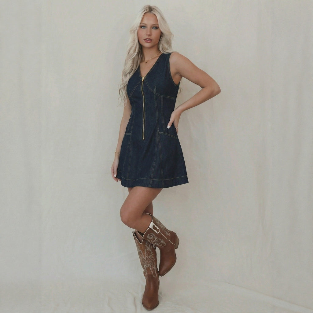 Sleeveless Denim Dress Women's Summer VNeck