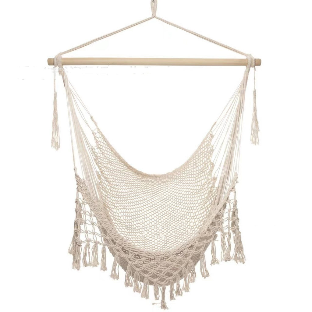 Outdoor Fringed Cotton Mesh Hammock With Netting Suspension