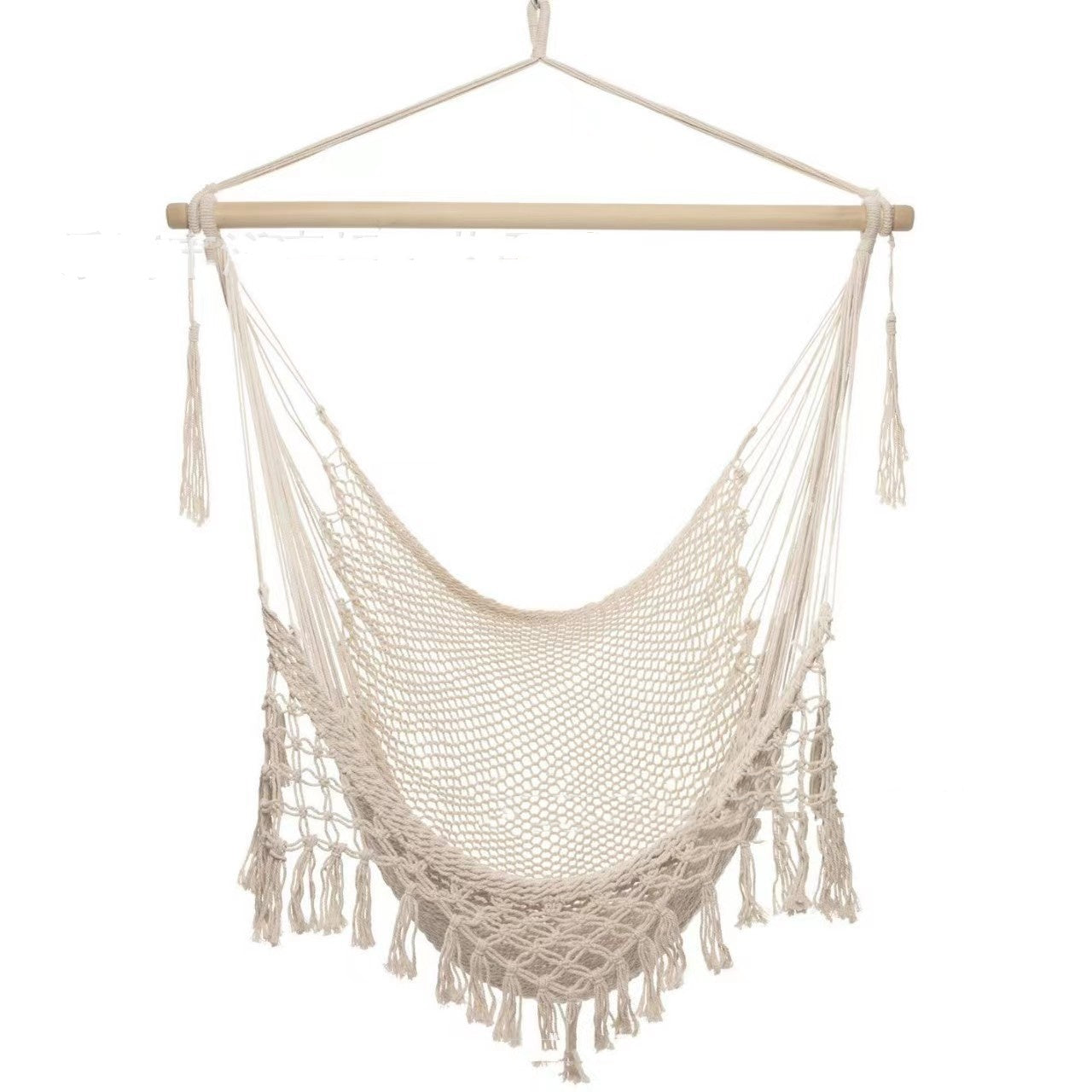 Outdoor Fringed Cotton Mesh Hammock With Netting Suspension