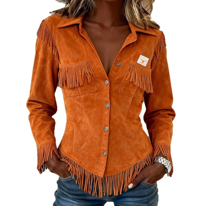 Women's Suede-Velvet Tassel Cardigan – Long Sleeve Western Style