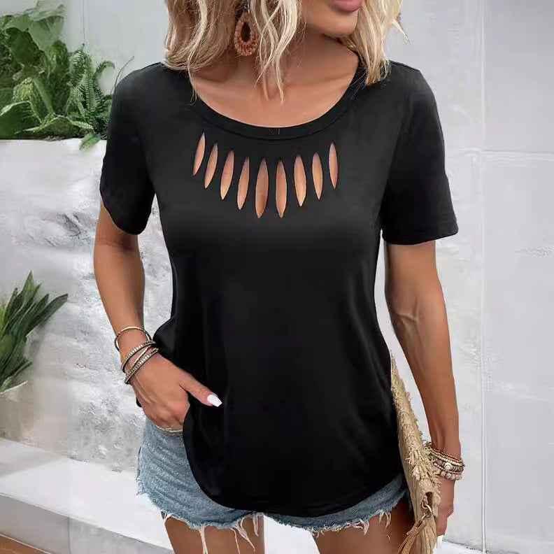 Solid-color Casual Chic Front-cutout Loose-fit Short-sleeve T-shirt