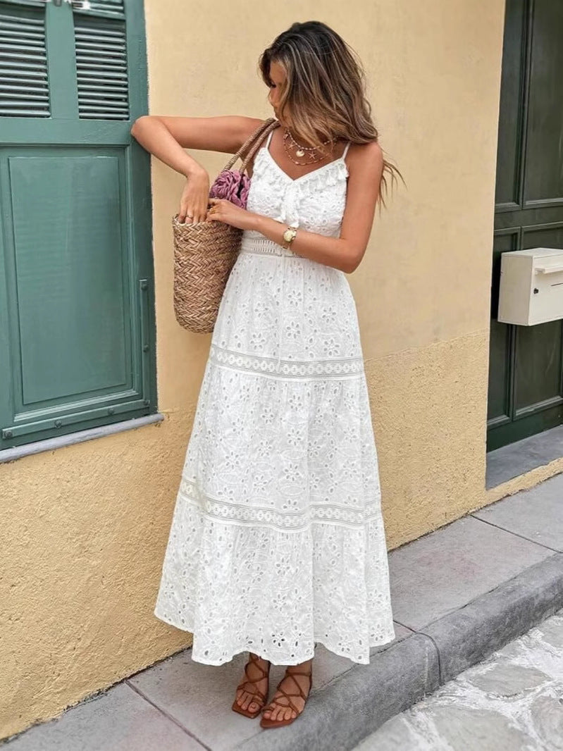 White V-collar Hollow Tassel Embroidered Dress