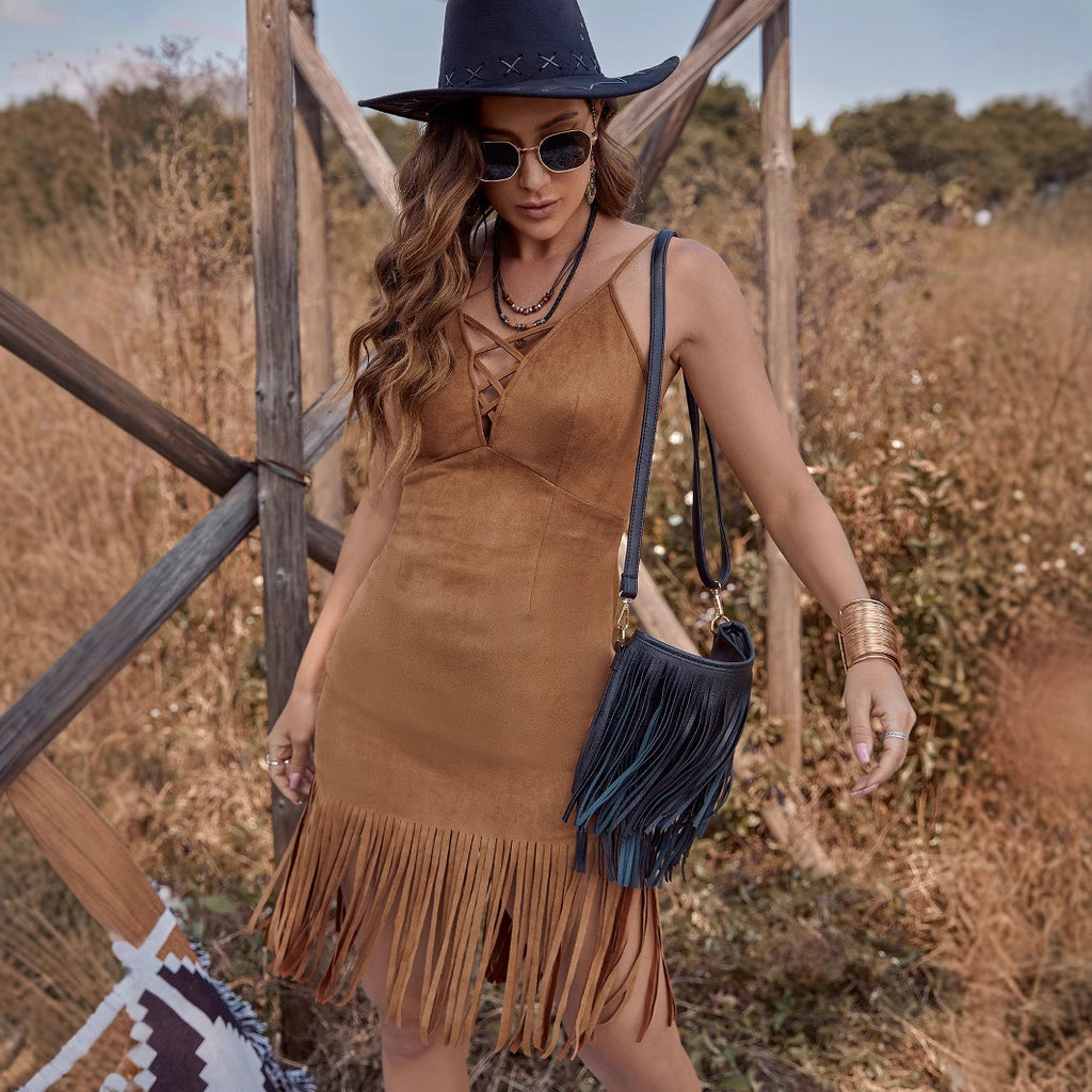 Figure-hugging Dress With Strappy Design And Fringed Details