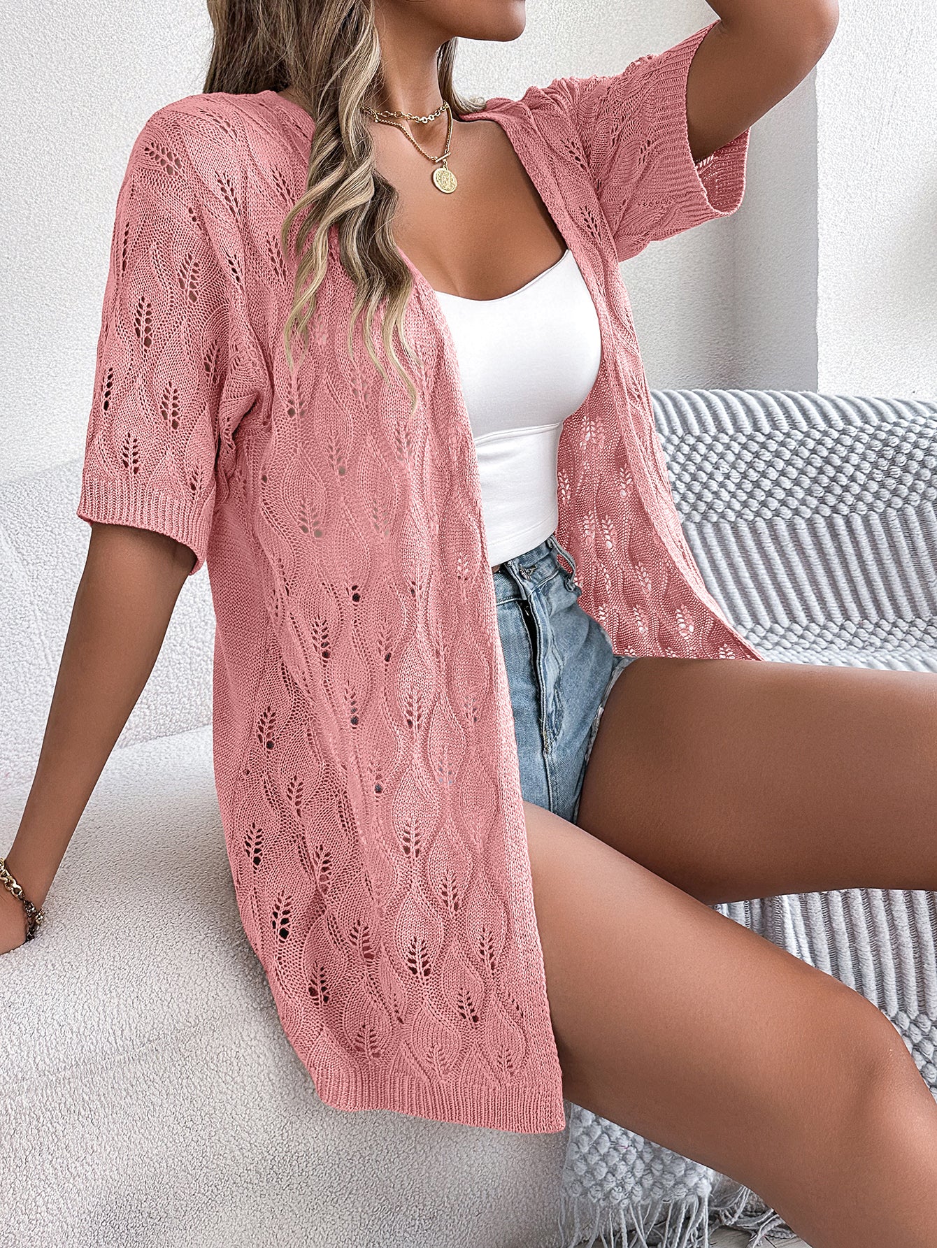 Women's Leaf Hollow-Out Knit Cardigan – Short Sleeve Vacation Cover-Up