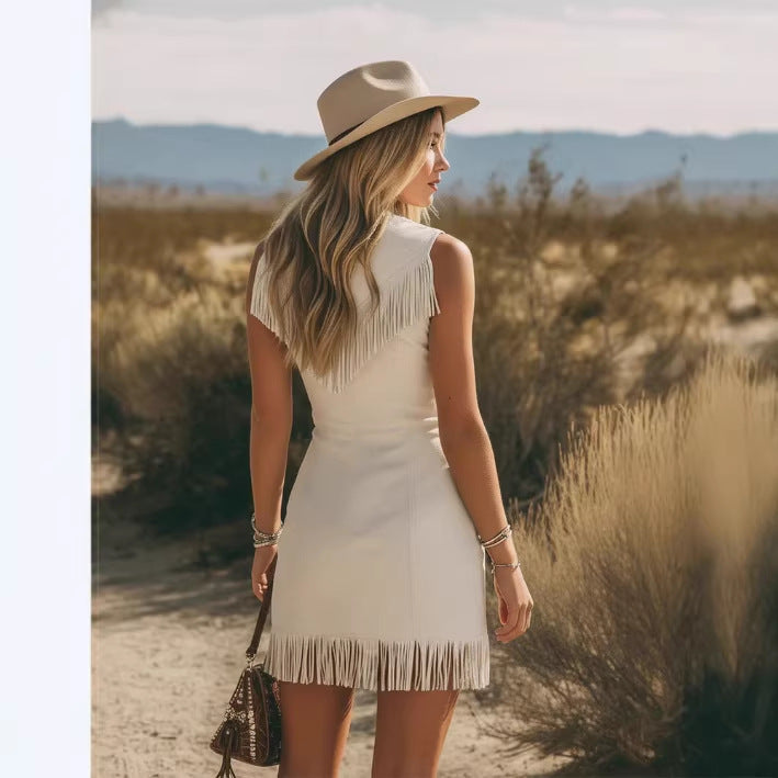 Women's Faux Suede Mini Dress – V-Neck Zip-Front with Tassels