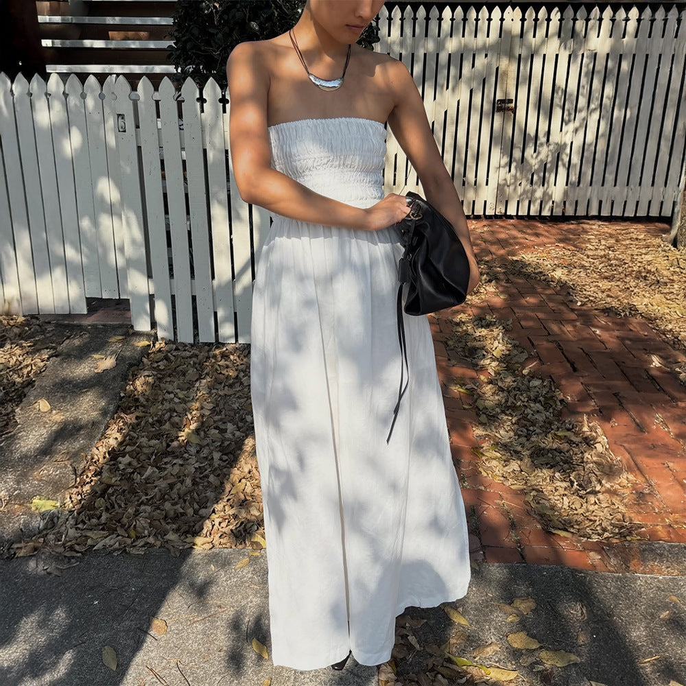 Women's Off-Shoulder Ruched Maxi Dress – High-Waist Vacation Style