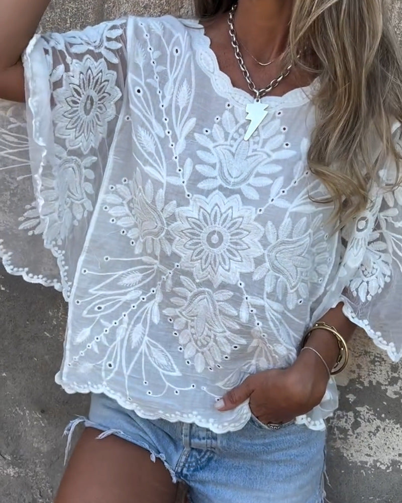Women's Off-Shoulder Hollow-Out Top – Three-Quarter Sleeve