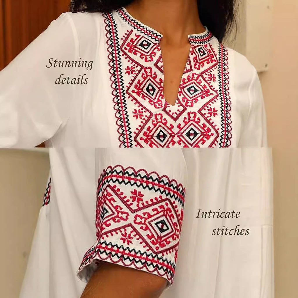 Loose-fitting V-neck Mid-sleeve Top In White