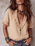 Cotton Pleated V-neck Casual Shirt Top Womens Clothing