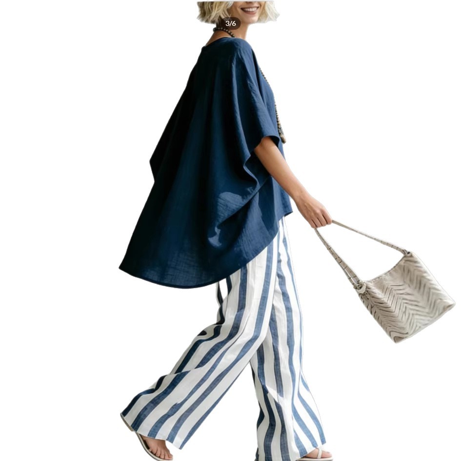 New Striped Batwing-Sleeve Loose Cotton-Linen Two-Piece Set