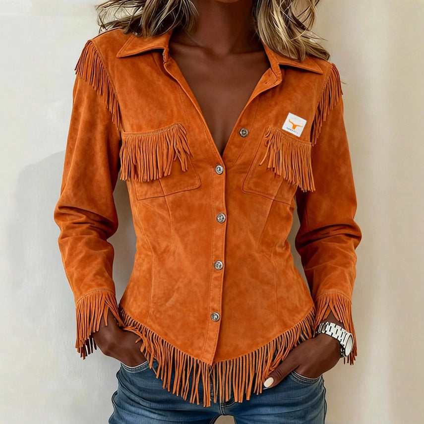 Women's Suede-Velvet Tassel Cardigan – Long Sleeve Western Style