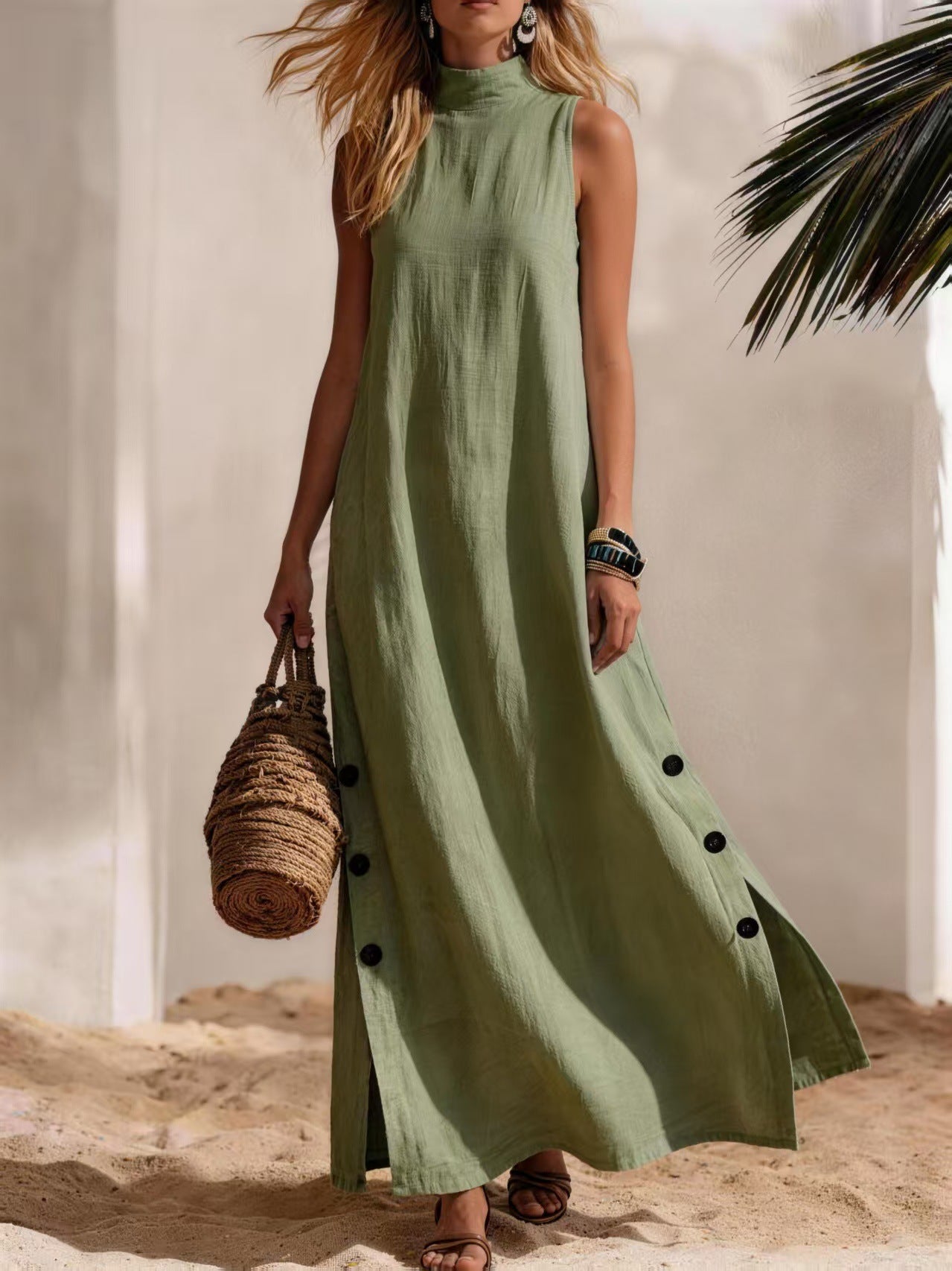 Women's Cotton-Linen Sleeveless Midi Dress – Side Slit