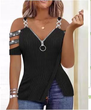 Women's Rhinestone Zipper Eyelet V-neck Raglan Sleeve Sling Irregular T-shirt