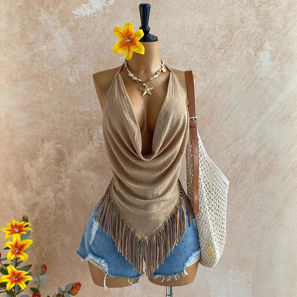 Women's Halter Neck Backless Maxi Top – Sleeveless Tie-Up
