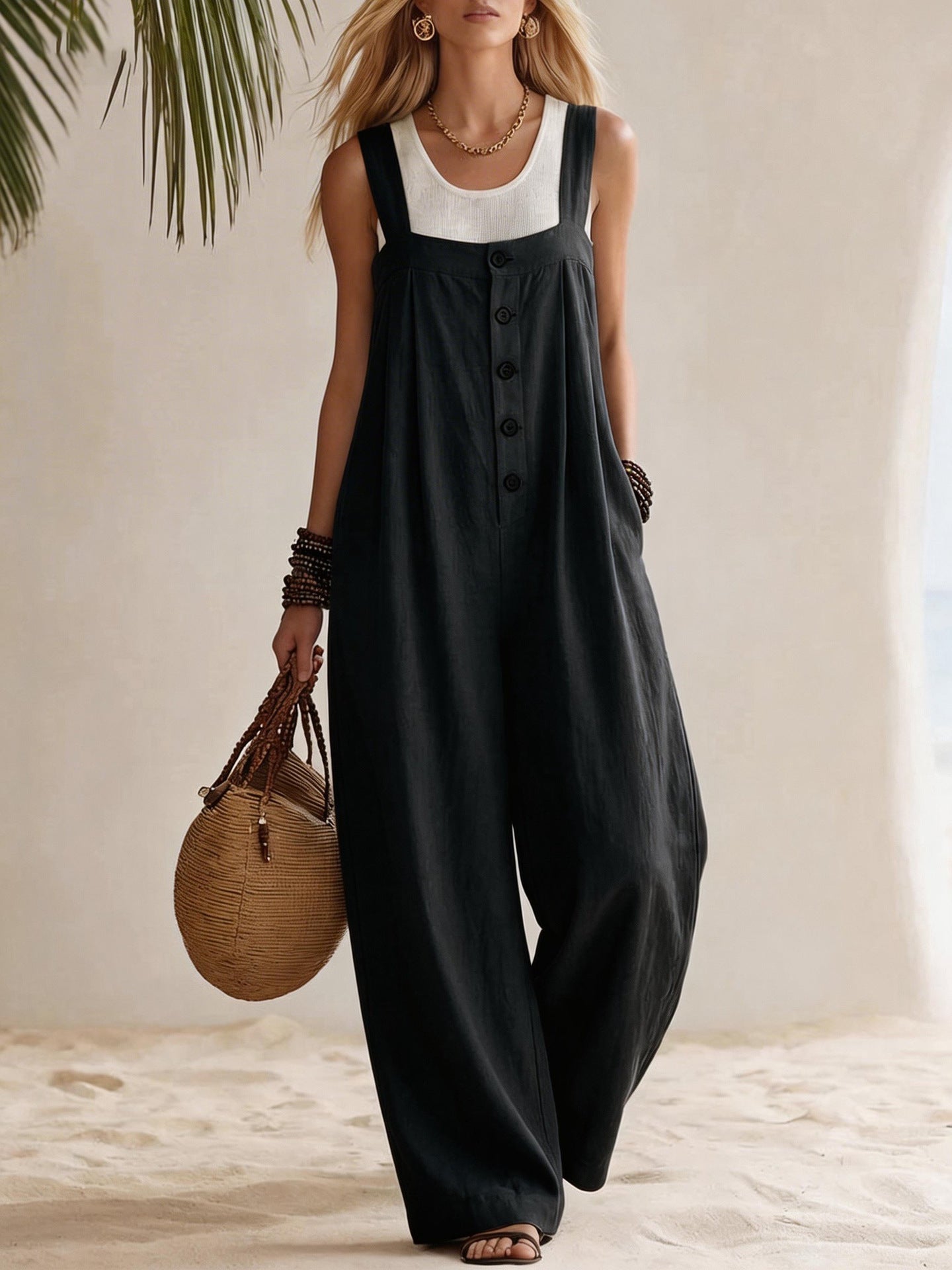 Bohemian Button Suspender Jumpsuit