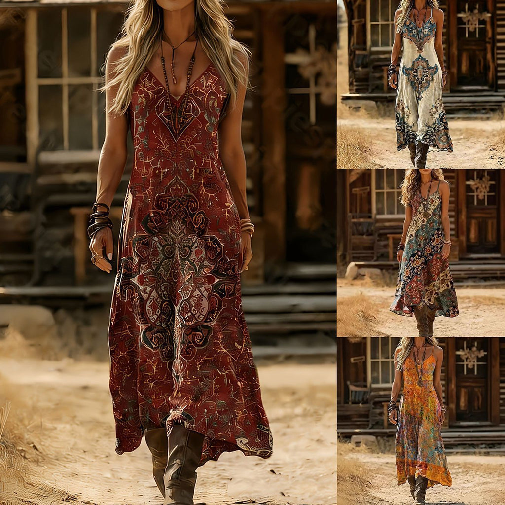 Women's Retro Bohemian Print Slip Dress – V-Neck
