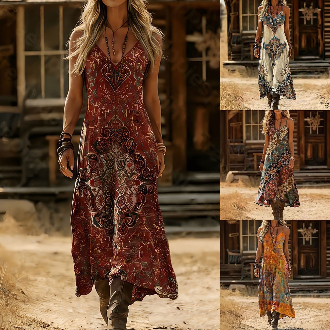 Women's Retro Bohemian Print Slip Dress – V-Neck