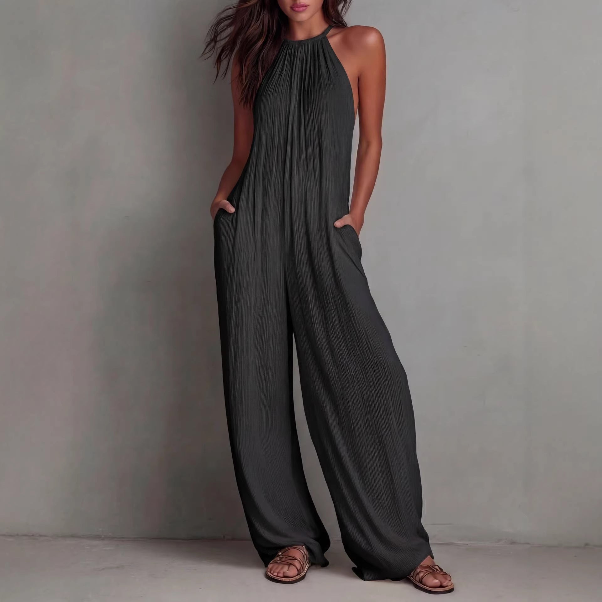 Resort-style White Pleated Open-back Wide-leg Jumpsuit
