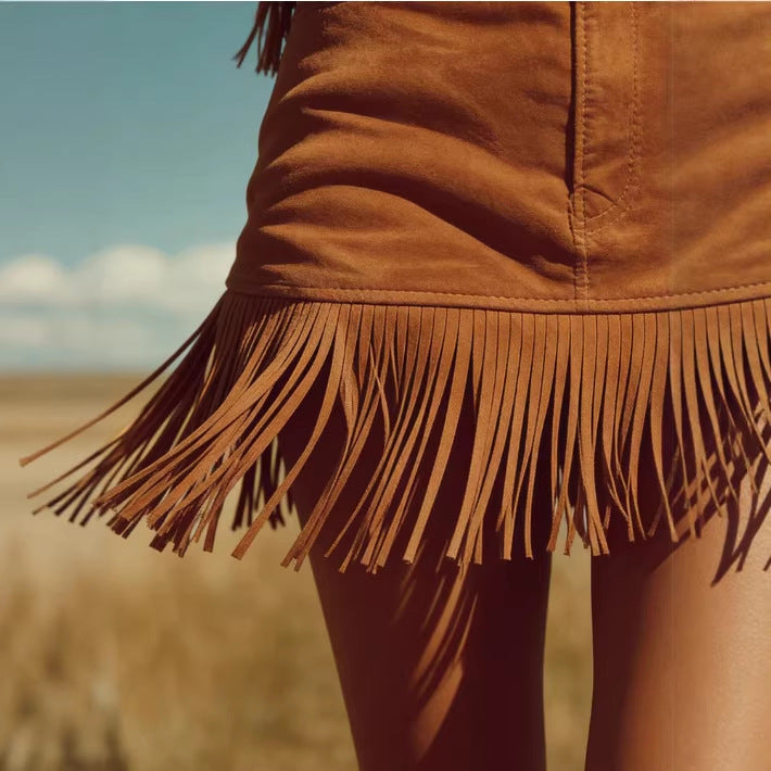 Western Boho Faux Suede Fringe Skirt