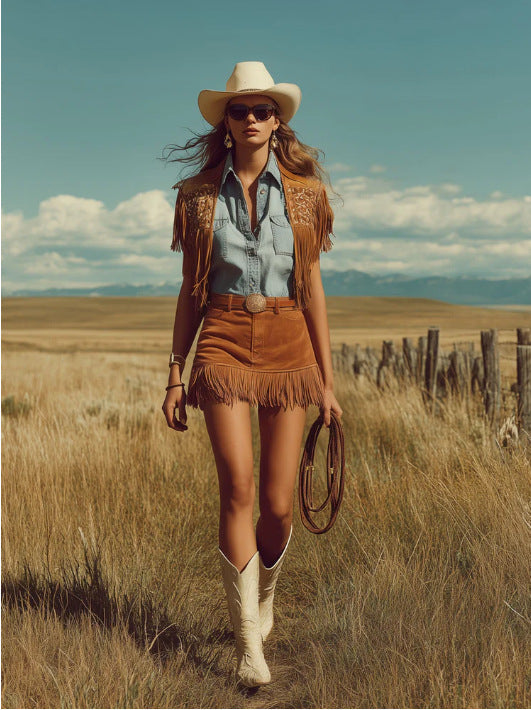 Western Boho Faux Suede Fringe Skirt