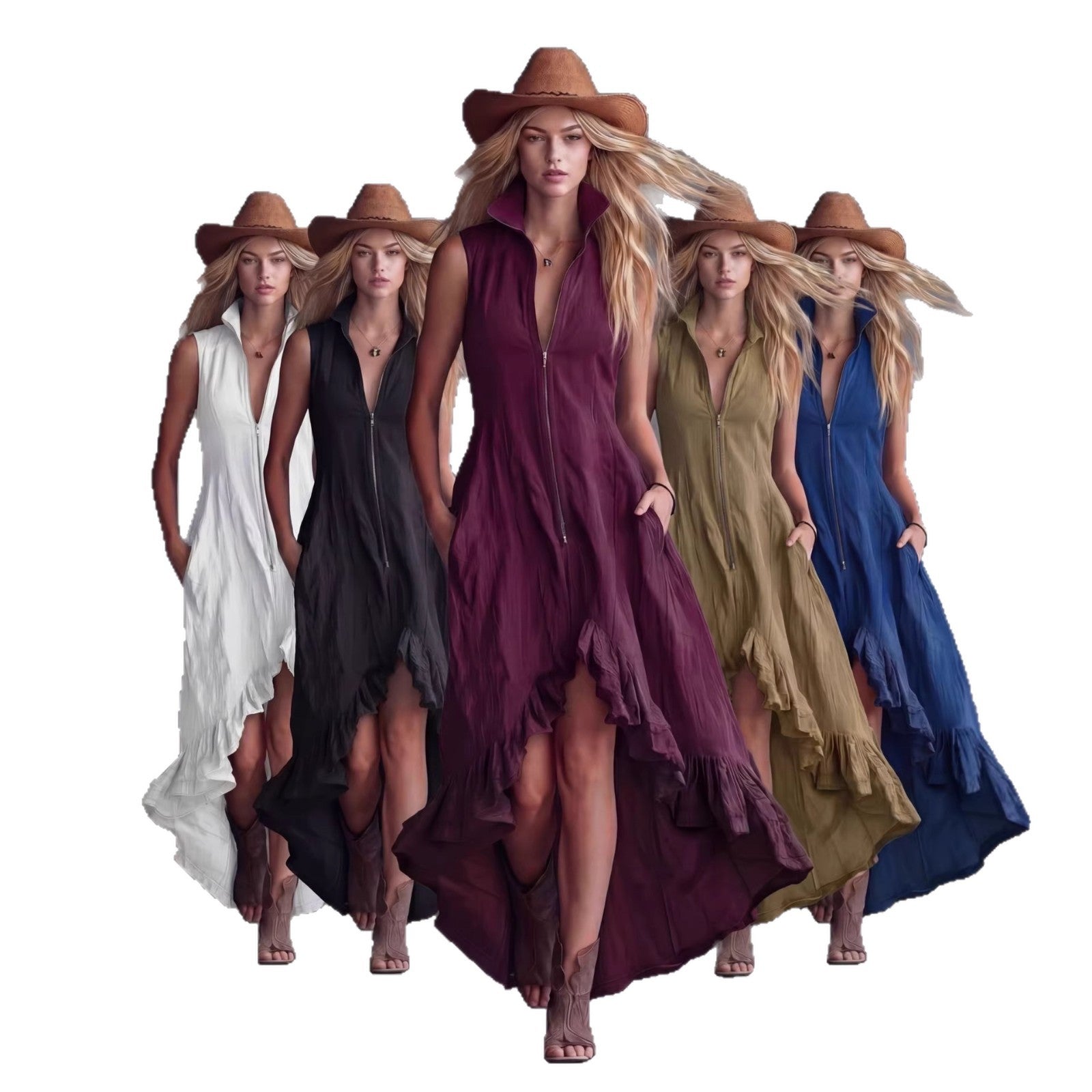 Casual Lapel Collar Front Zipper Ruffled Hem Dress