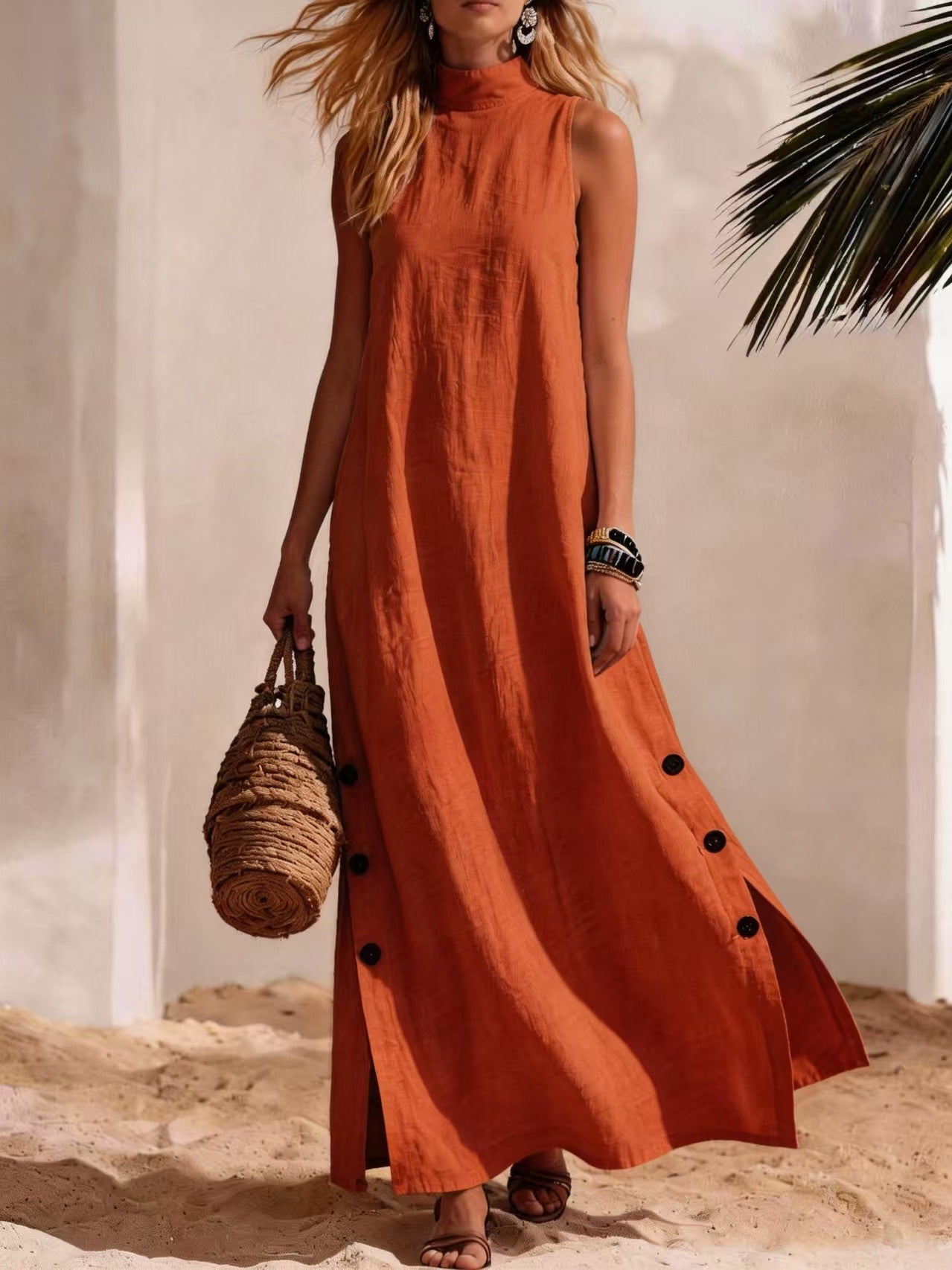 Women's Cotton-Linen Sleeveless Midi Dress – Side Slit