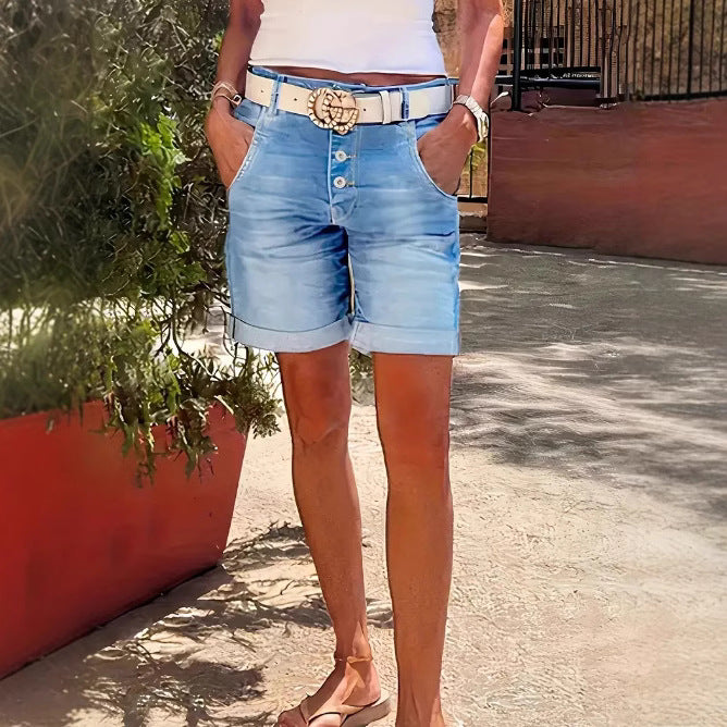 Womens High-Waist Denim Cropped Pants With Elastic Waist And Rolled Hem