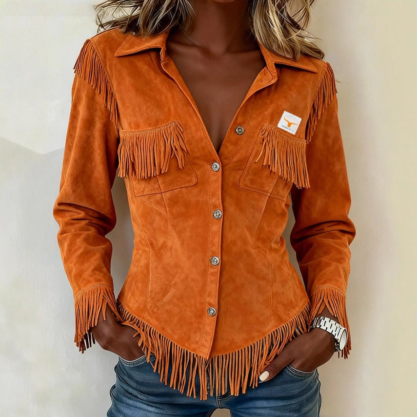 Women's Suede-Velvet Tassel Cardigan – Long Sleeve Western Style
