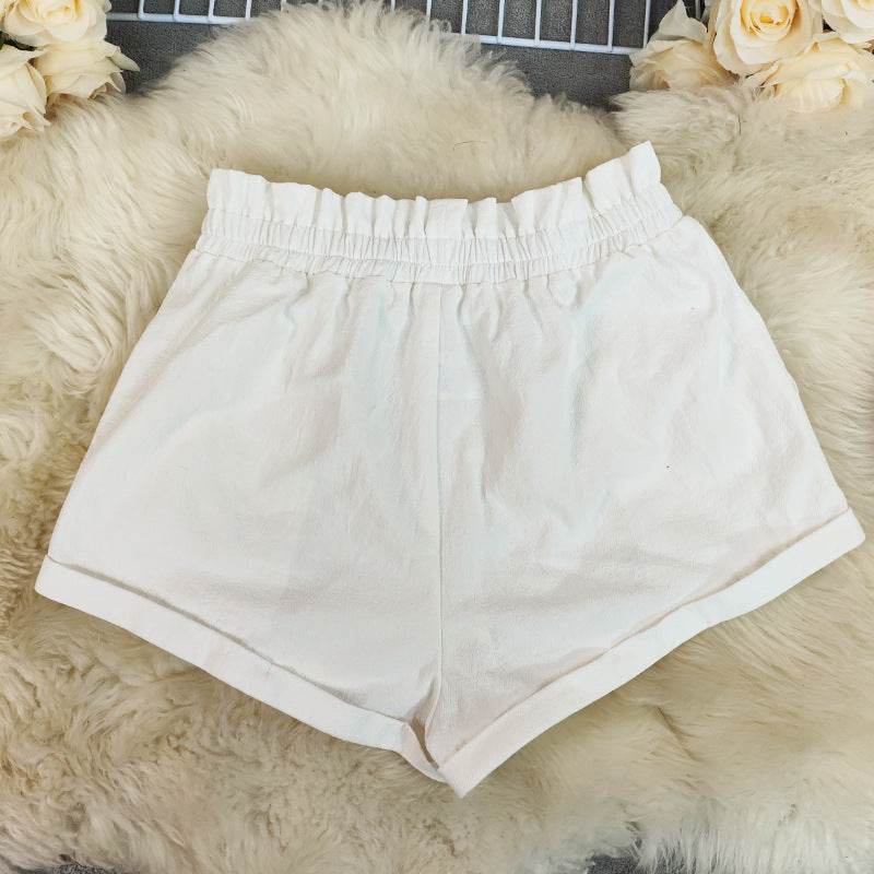 Womens Solid-Colored Loose All-Match Casual Cotton-Linen Shorts