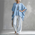 New Striped Batwing-Sleeve Loose Cotton-Linen Two-Piece Set