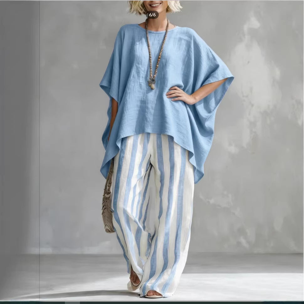 New Striped Batwing-Sleeve Loose Cotton-Linen Two-Piece Set