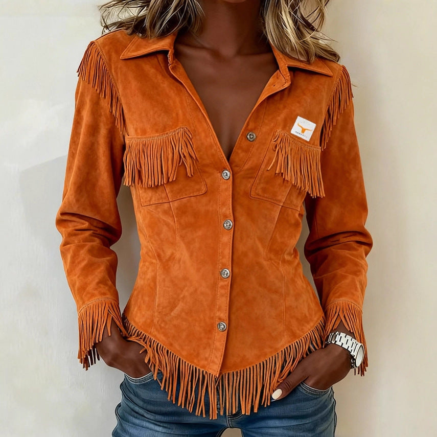 Women's Suede-Velvet Tassel Cardigan – Long Sleeve Western Style