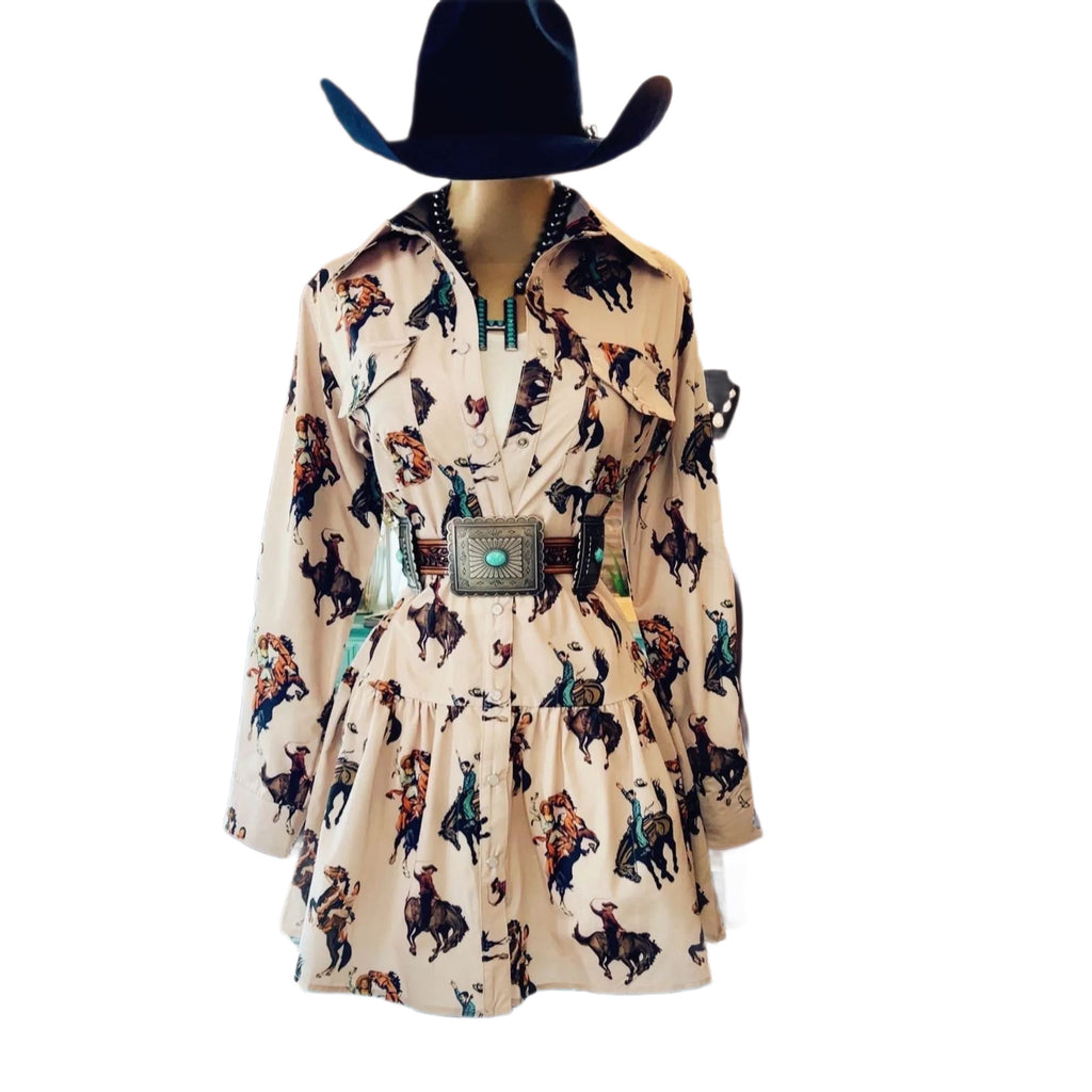 Women's Western Cowboy Printed Long-Sleeve Dress