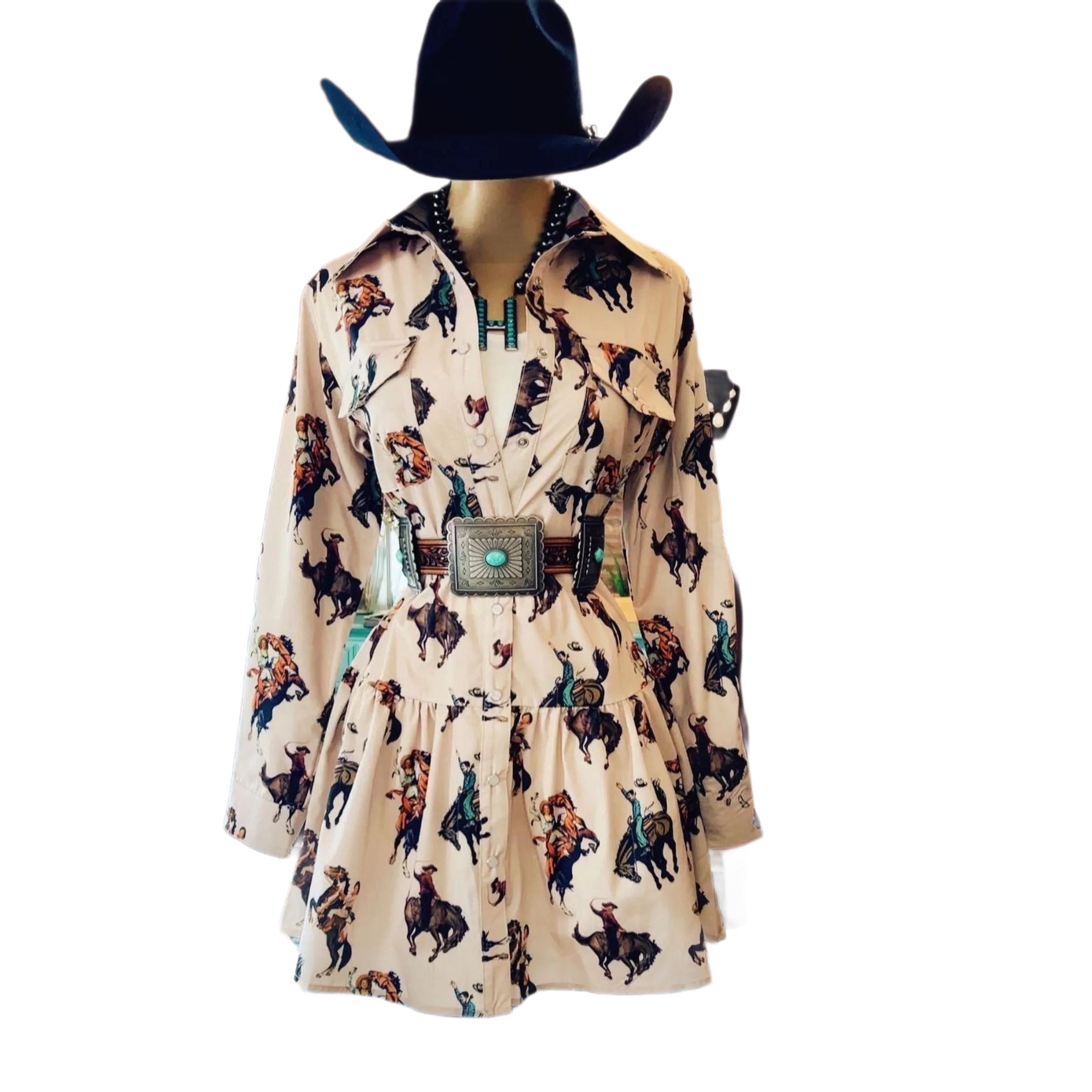 Women's Western Cowboy Printed Long-Sleeve Dress