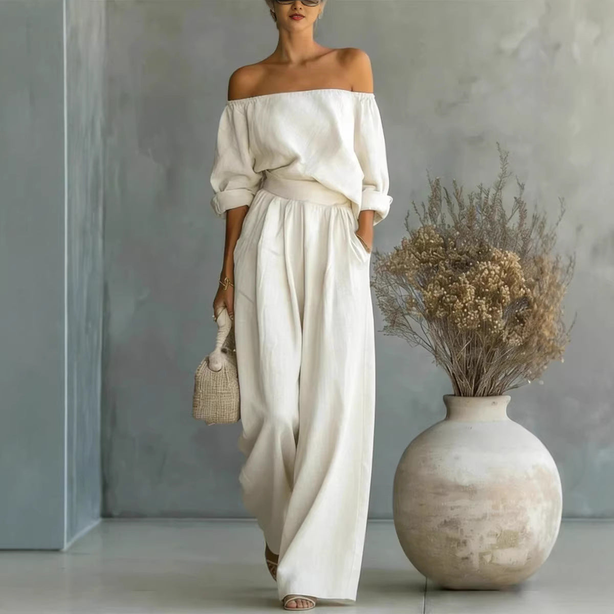 Women's Off-Shoulder Top & Wide-Leg Pants Two-Piece Set