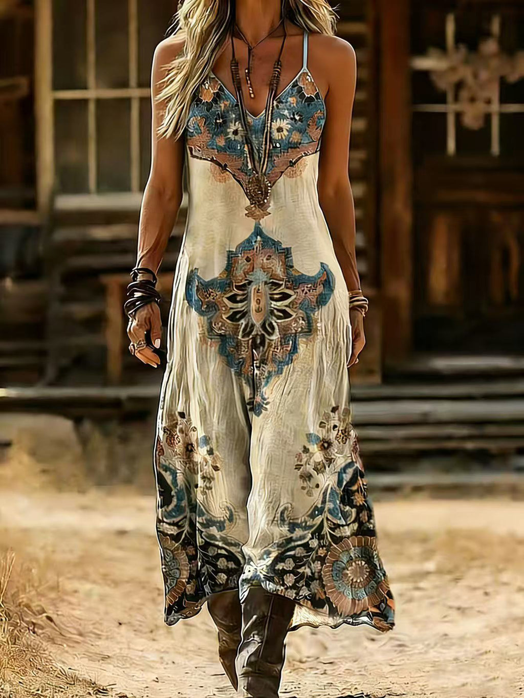 Women's Retro Bohemian Print Slip Dress – V-Neck