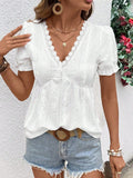 Women's Casual Solid Color Lace-trimmed V-neck T-shirt Top