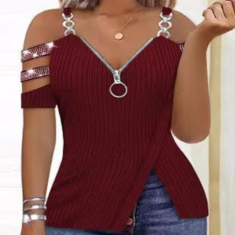 Women's Rhinestone Zipper Eyelet V-neck Raglan Sleeve Sling Irregular T-shirt