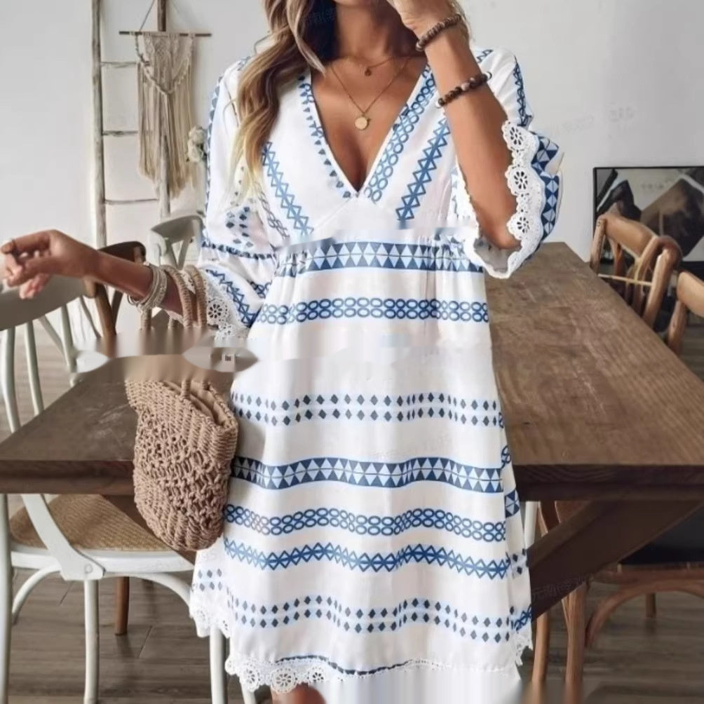 Bohemian Striped V-Neck Lace-trimmed Cuffs Dress For Women